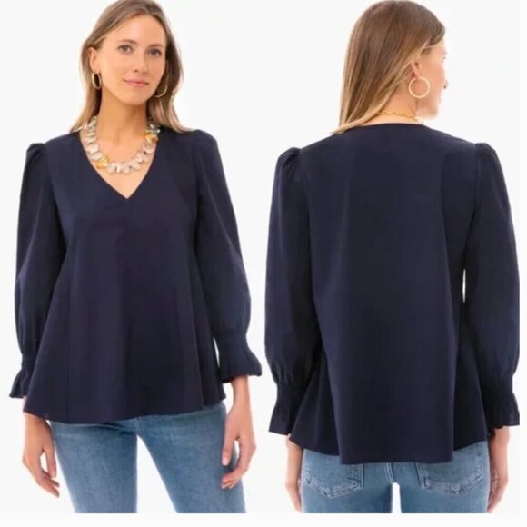 Pomander Place Tops - Pomander Place Tuckernuck Easton Blouse Poplin V-neck Puff Sleeve Blue Small XS
